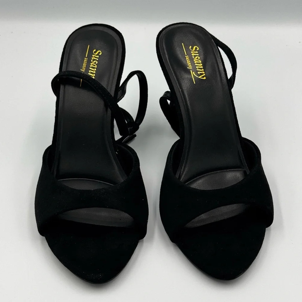 Susaniny Black Suede Heels – Strappy Block Heel Sandals Size 10